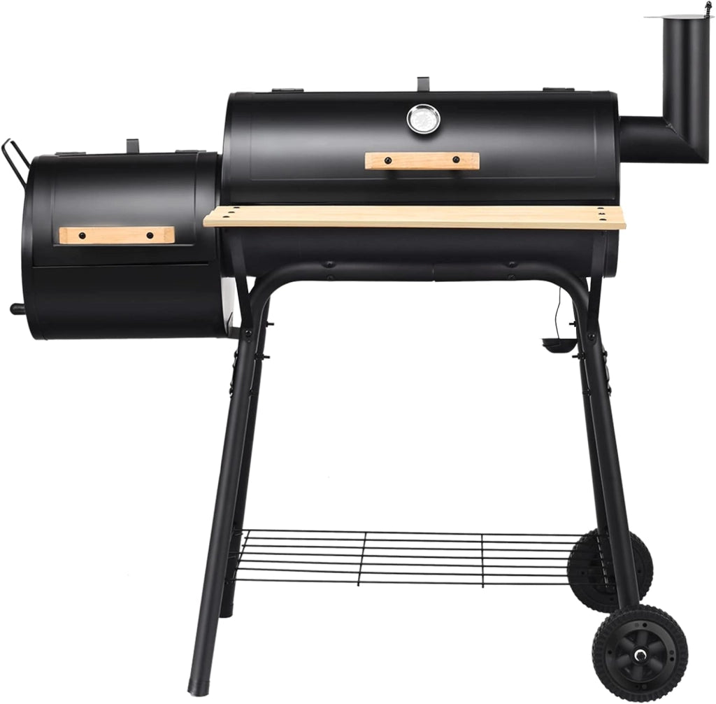 Barbecue a Carbonella in Metallo con Ruote e 2 Fornelli, Carrello per barbecue a carbonella per Esterno con Termometro, Affumicare e Grigliare 2 in 1, 115 x 65 x 108 cm