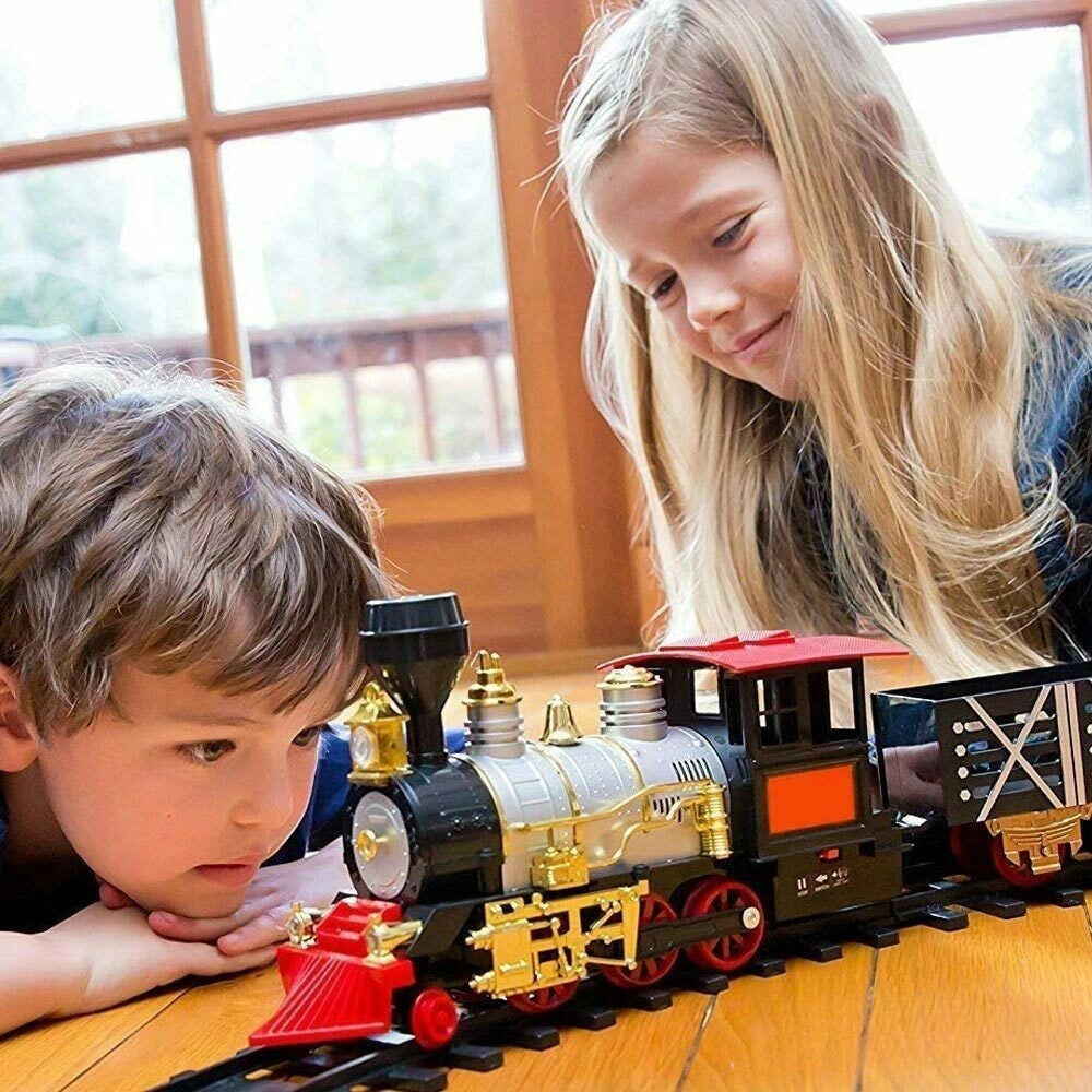 Trade Shop - Pista Trenino Giocattolo Bambini Treno Locomotiva Con Fumo Luce Suoni E 3 Vagoni -