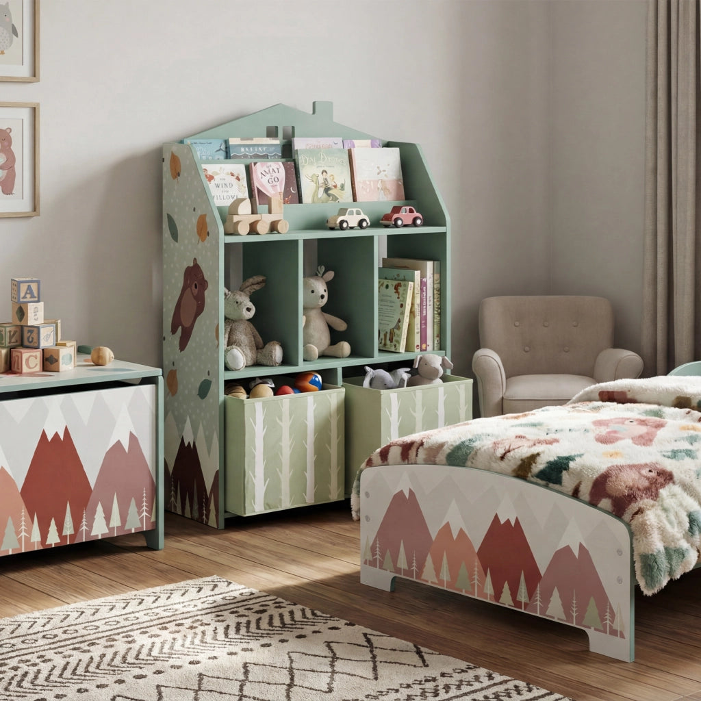 Scaffale Portagiochi per Bambini 62,5x30x91,5 cm con 2 Contenitori Rimovibili in Tessuto e Ripiani in Legno FSC Verde