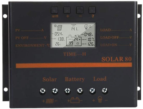 Regolatore di Carica Solare - 80A - Display LCD - 12V 24V - Caricatore Pannello Solare - Rilevamento Automatico - Per Auto