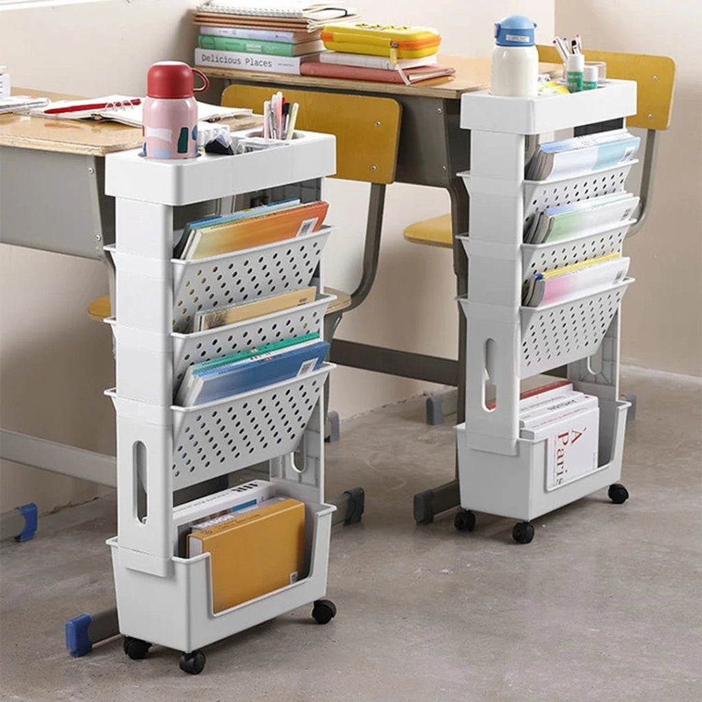 Carrello Portadocumenti 4 Ruote Scaffale Libreria Bianco Salvaspazio 5 Ripiani
