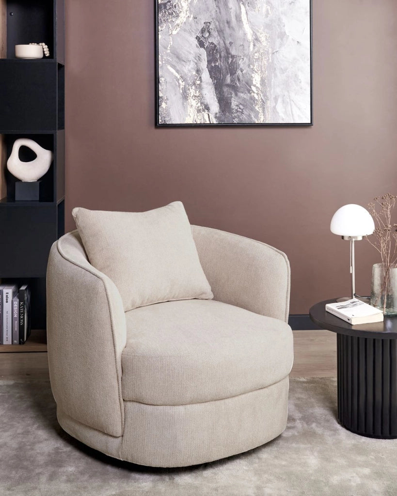 Poltrona Beige Chiaro Poliestere Cuscino Girevole Sfoderabile Schienale Rotondo Stile Retro Glam Soggiorno