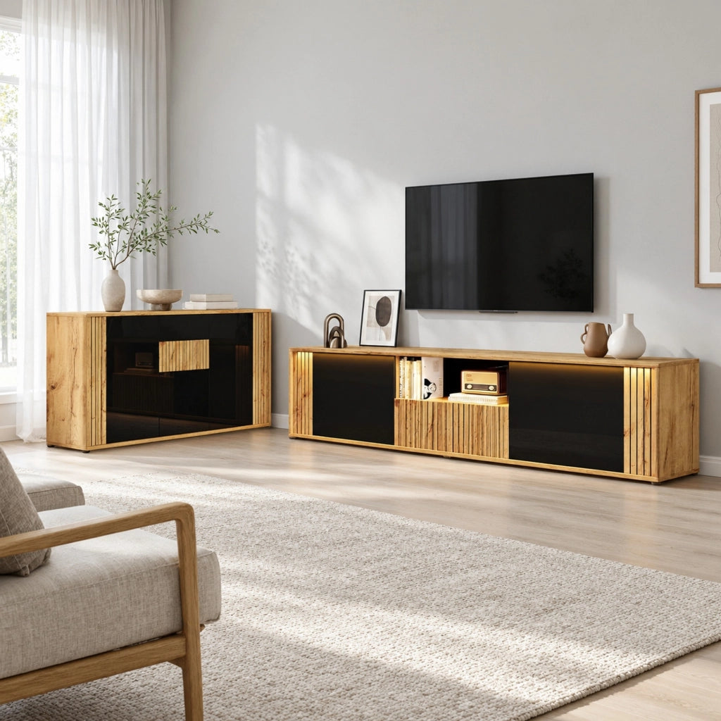 Set mobile TV 180 × 40 × 51 cm e credenza 140 × 35 × 71 cm con LED Bluetooth; nero e naturale