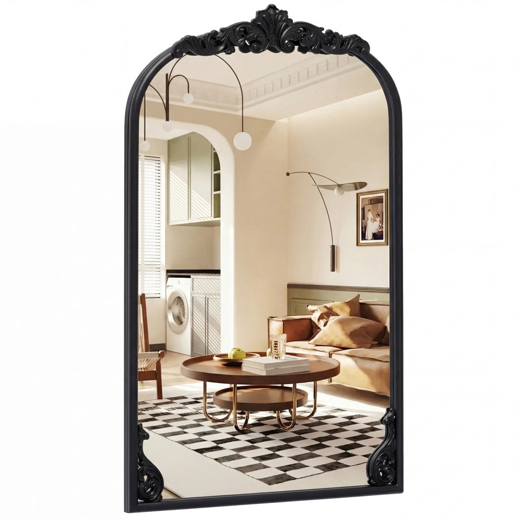 Specchio da parete ad arco barocco ornato con cornice in metallo, Specchio da parete 76 x 51 cm Nero