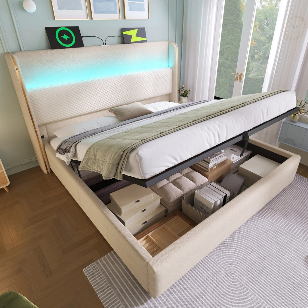 Letto 160x200 cm con contenitore; LED e prese USB/Type-C in lino beige