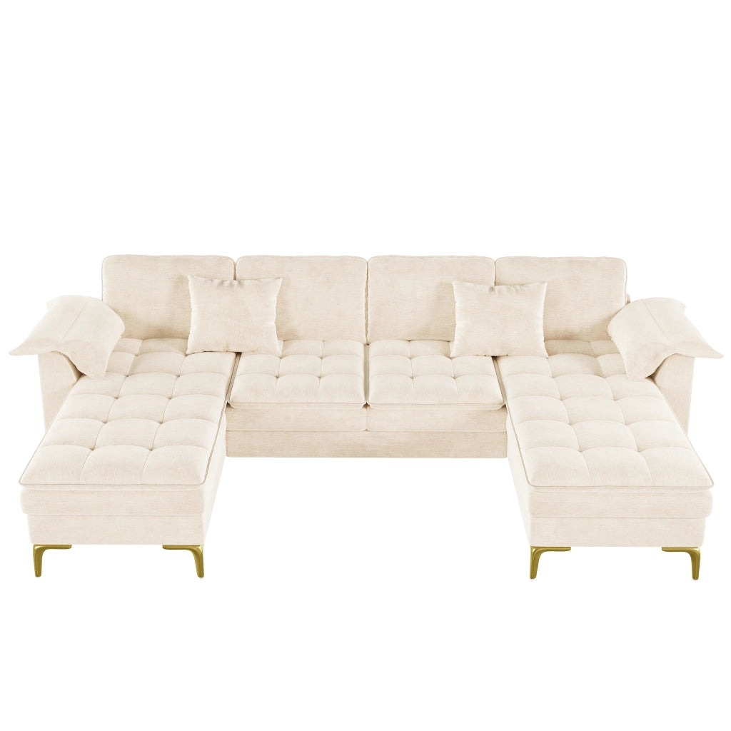 Divano angolare a U 4-5 posti - con 2 chaise longue e 2 cuscini - in chenille beige