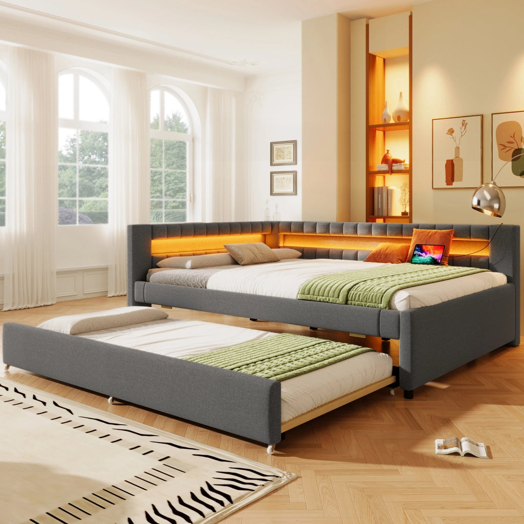 Letto estraibile matrimoniale 140×200 cm con LED; USB e Type-C; senza materasso; lino; grigio