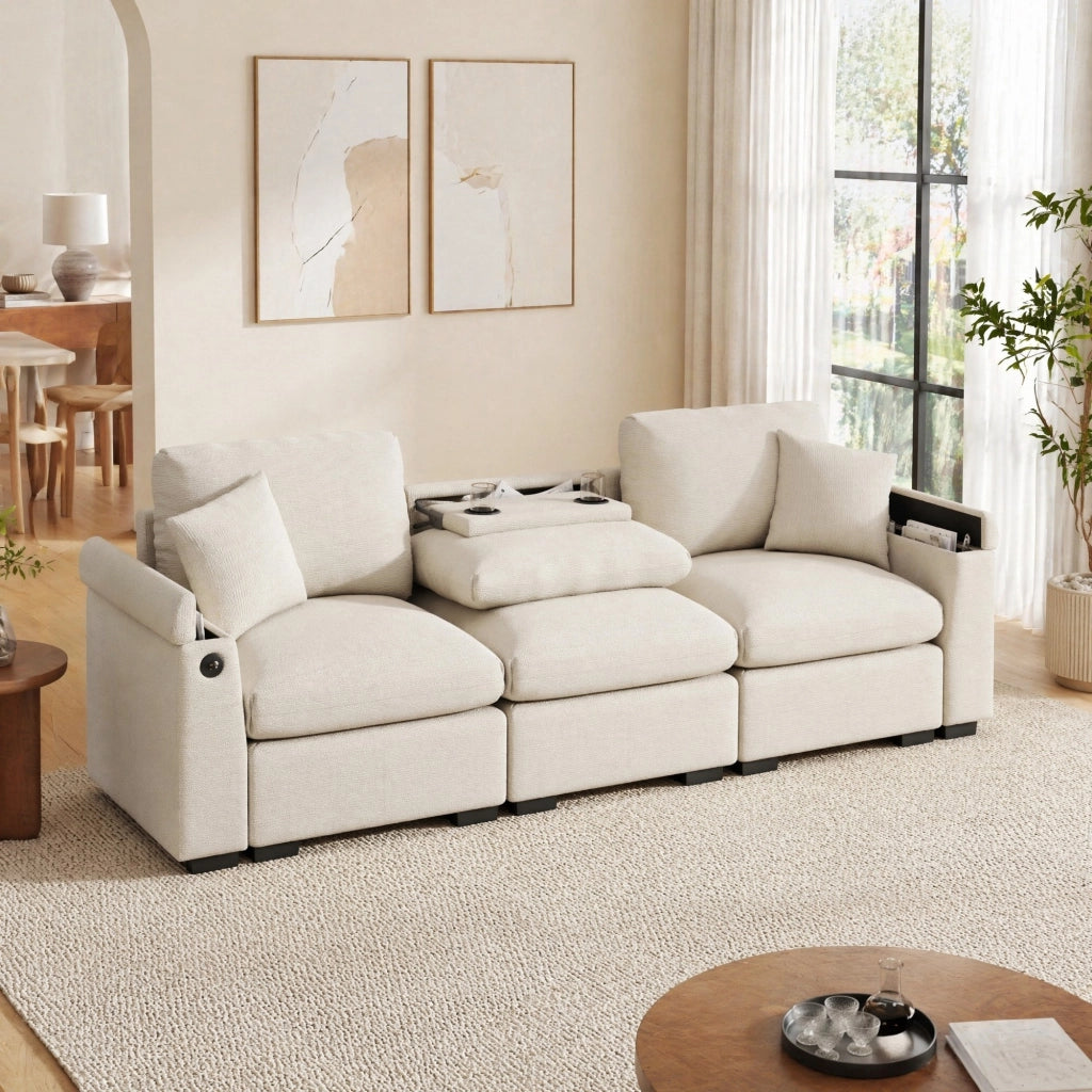 DIVANO 3 POSTI Modulare 242x80x88 cm Chenille Beige