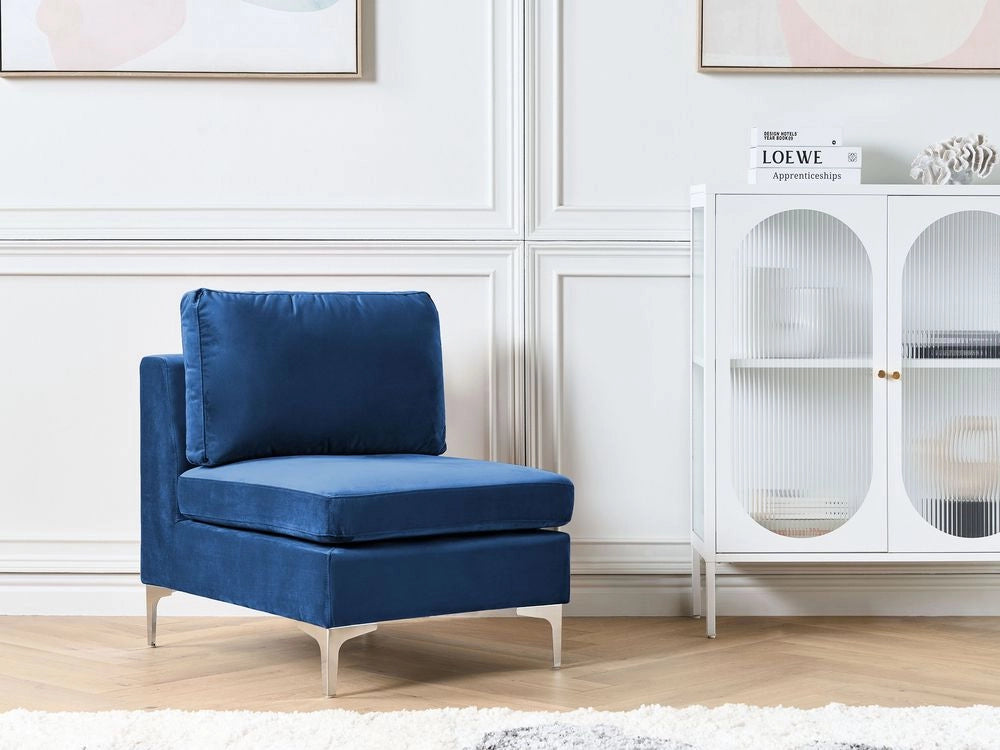 Modulo divano in velluto blu marino a 1 posto con gambe in metallo argento stile glamour