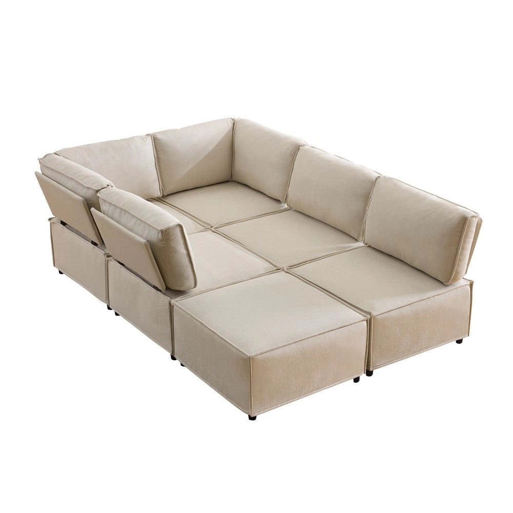 Divano Modulare in Legno e Tessuto ¨C Xylo ¨C Beige, Set 3 Posti con Penisola