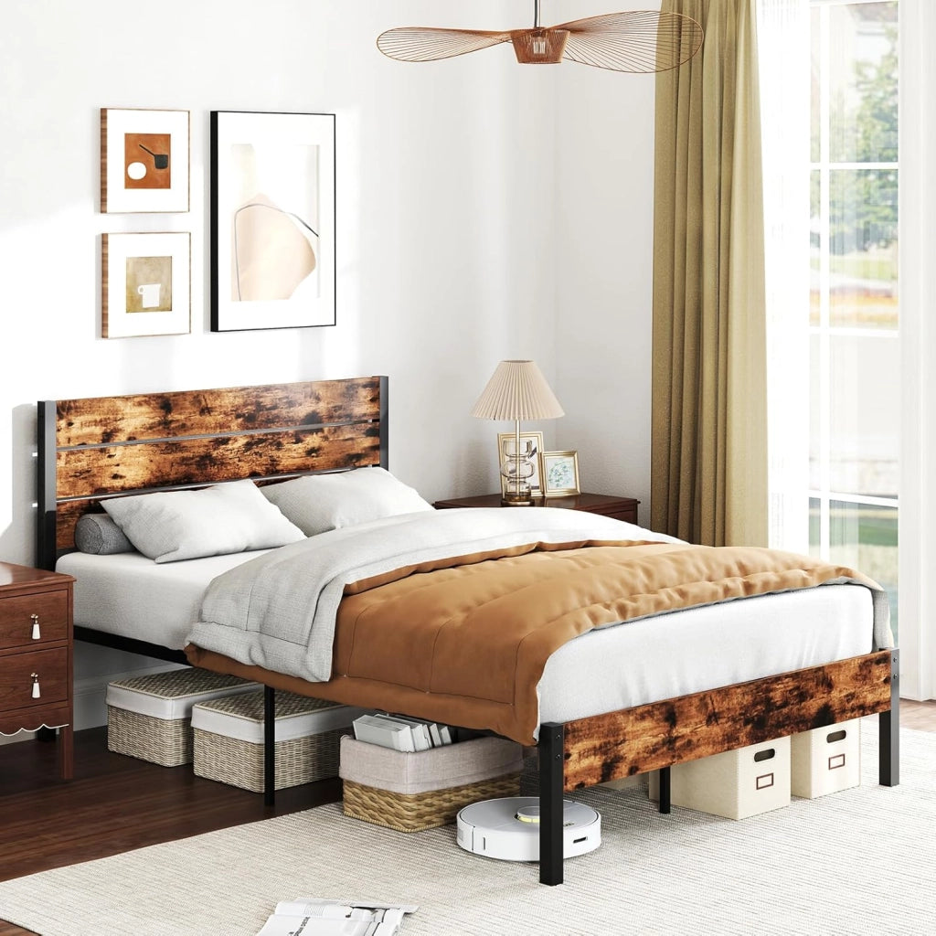 Telaio letto per materasso 140 x 200 cm, letto in metallo con rete a doghe, telaio del letto con testiera, letto matrimoniale industriale, in metallo e legno, letto per gli ospiti