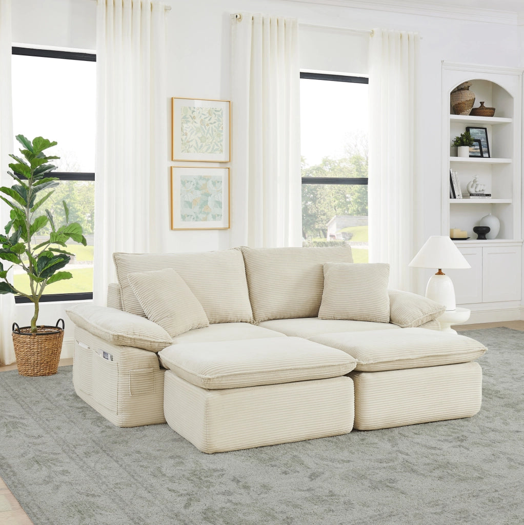 Divano da pavimento 2 posti beige in tessuto; con pouf mobile