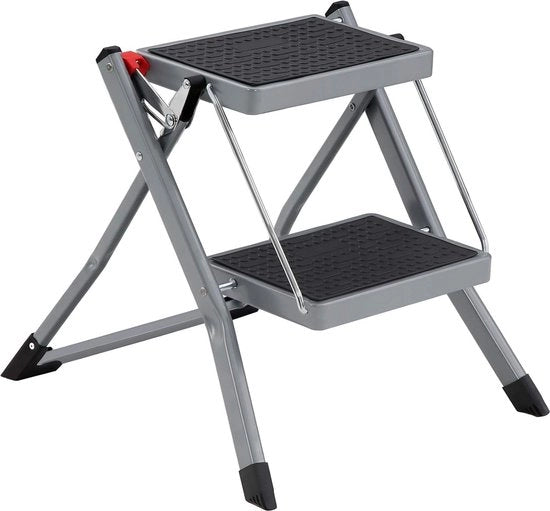 Scala a piattaforme 2 gradini ripiegabile - 20 cm larghezza - gomma antiscivolo - maniglia - carico 150 kg - grigio e nero