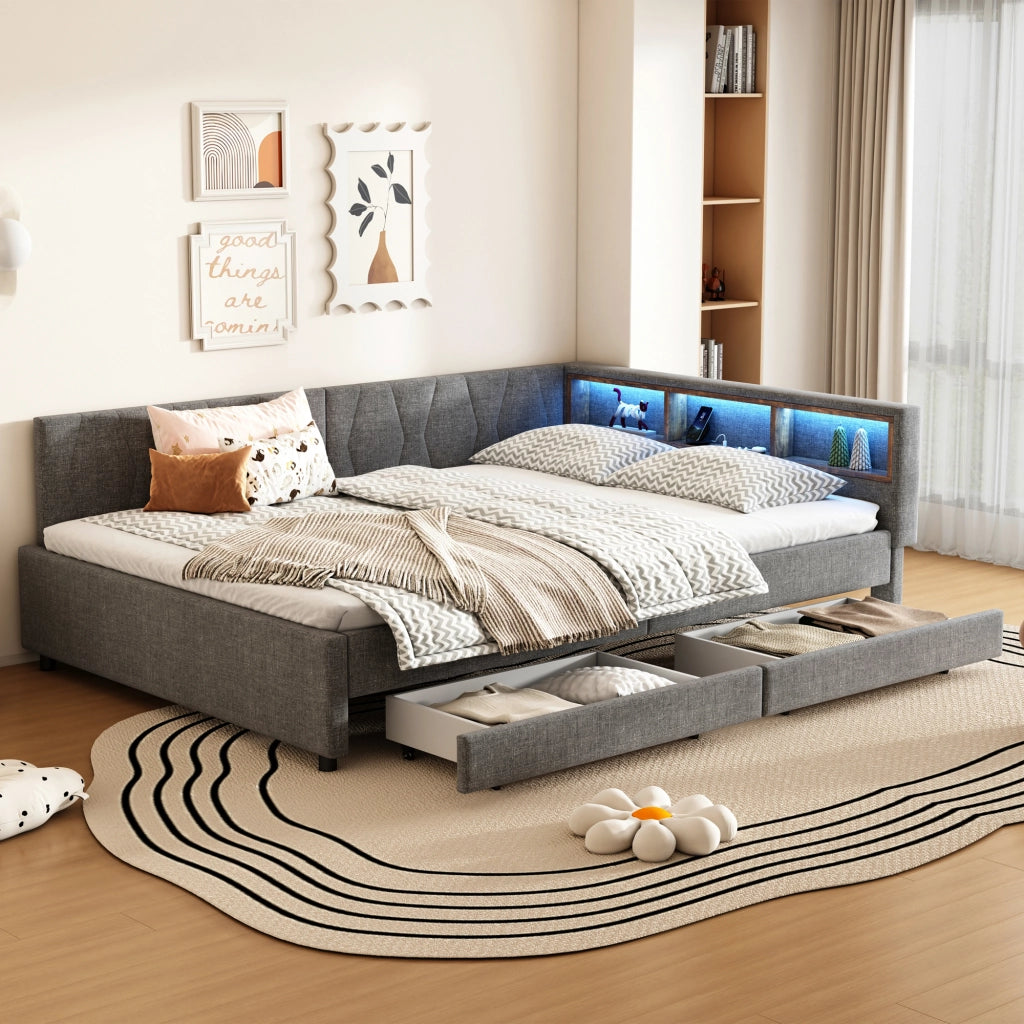 LETTO 140x200 cm in lino grigio con LED, USB e 2 cassetti