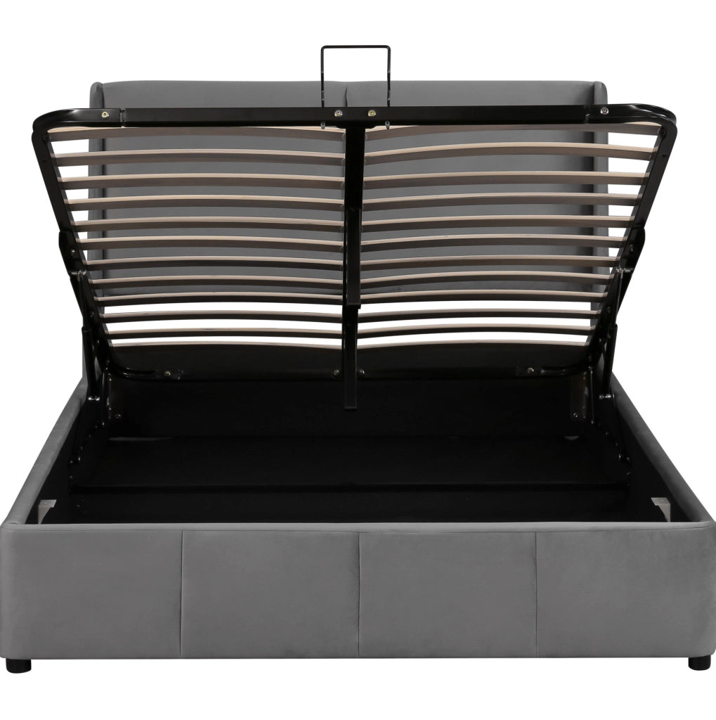 Letto imbottito con contenitore idraulico 140 × 200 cm; velluto grigio