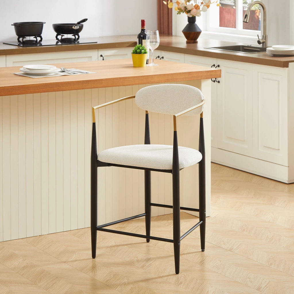 Set di 2 sgabelli da bar con braccioli; schienale e struttura nero oro in tessuto beige per cucina