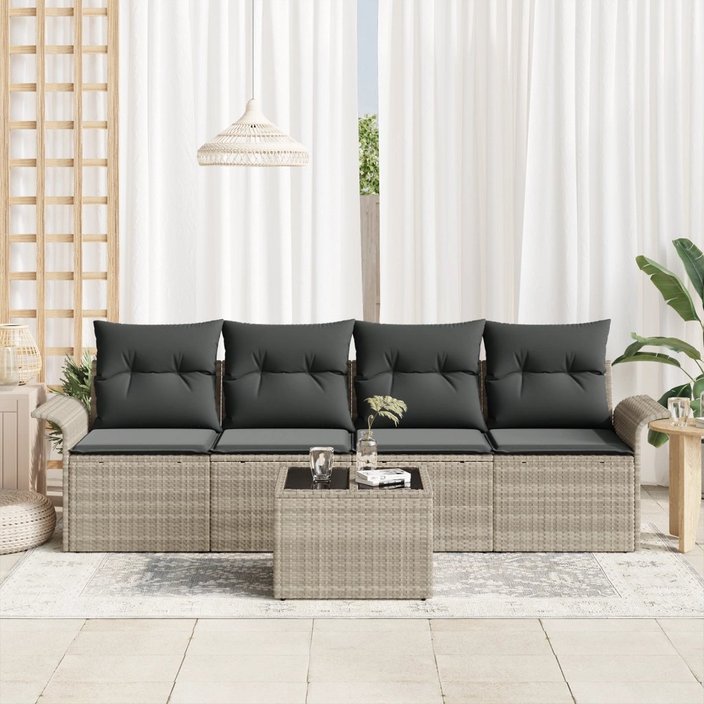 Set di divani da giardino da 5 pezzi con cuscini grigio chiaro in polyrattan