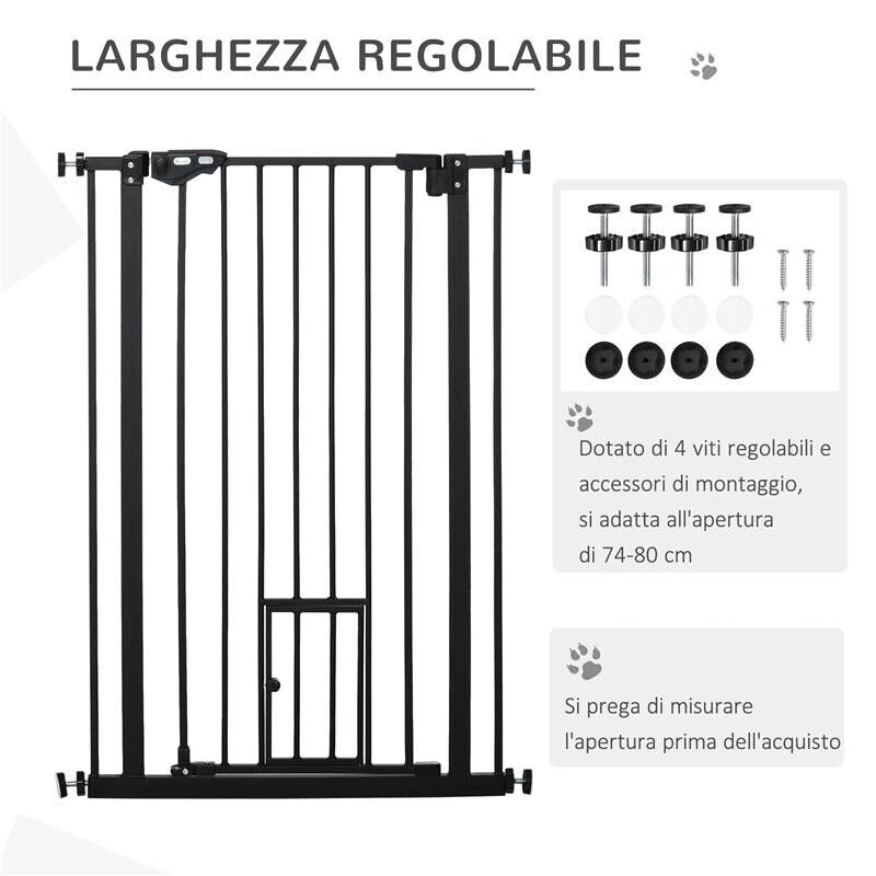 CANCELLINO PER CANI REGOLABILE ALTO CON PORTA PICCOLA E CHIUSURA AUTOMATICA, 74-80X104CM, NERO