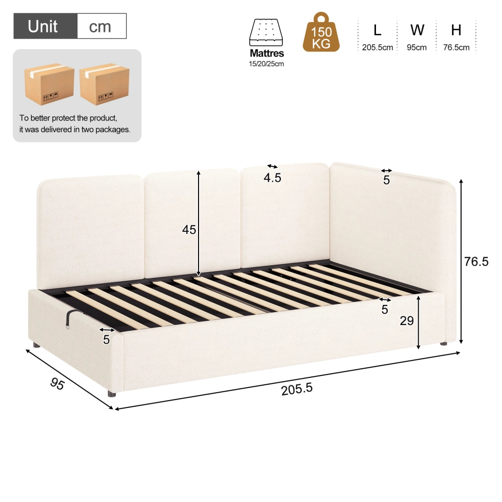 Letto per bambini 90 × 200 cm con contenitore idraulico, senza materasso, in bouclé, beige