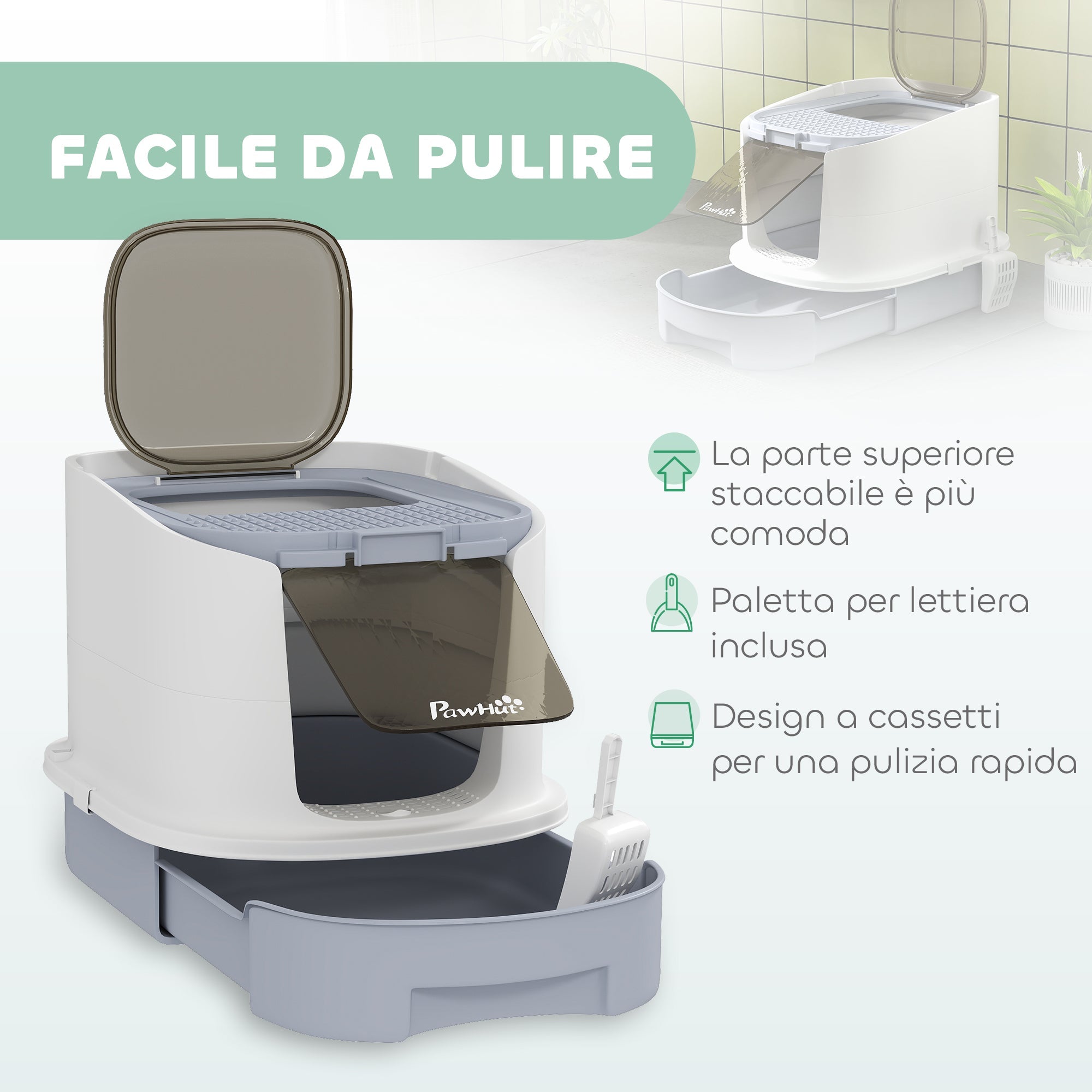 Lettiera per Gatti Chiusa 40,5x52,5x42,5 cm con 2 Porte e Vassoio Estraibile Grigio