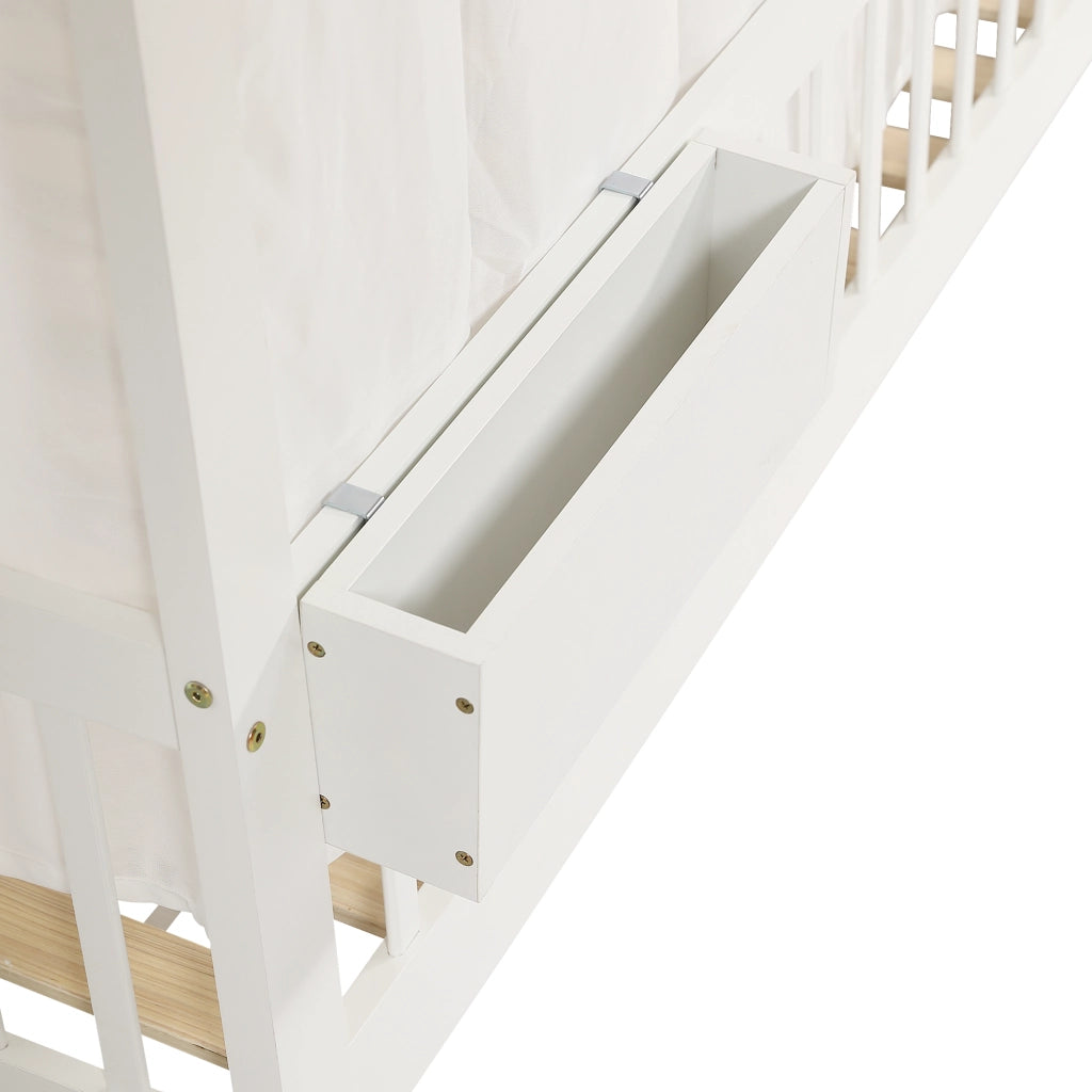Letto Casetta 140x200 cm; Letto Singolo - Vano Contenitore e Tende - Legno - Bianco