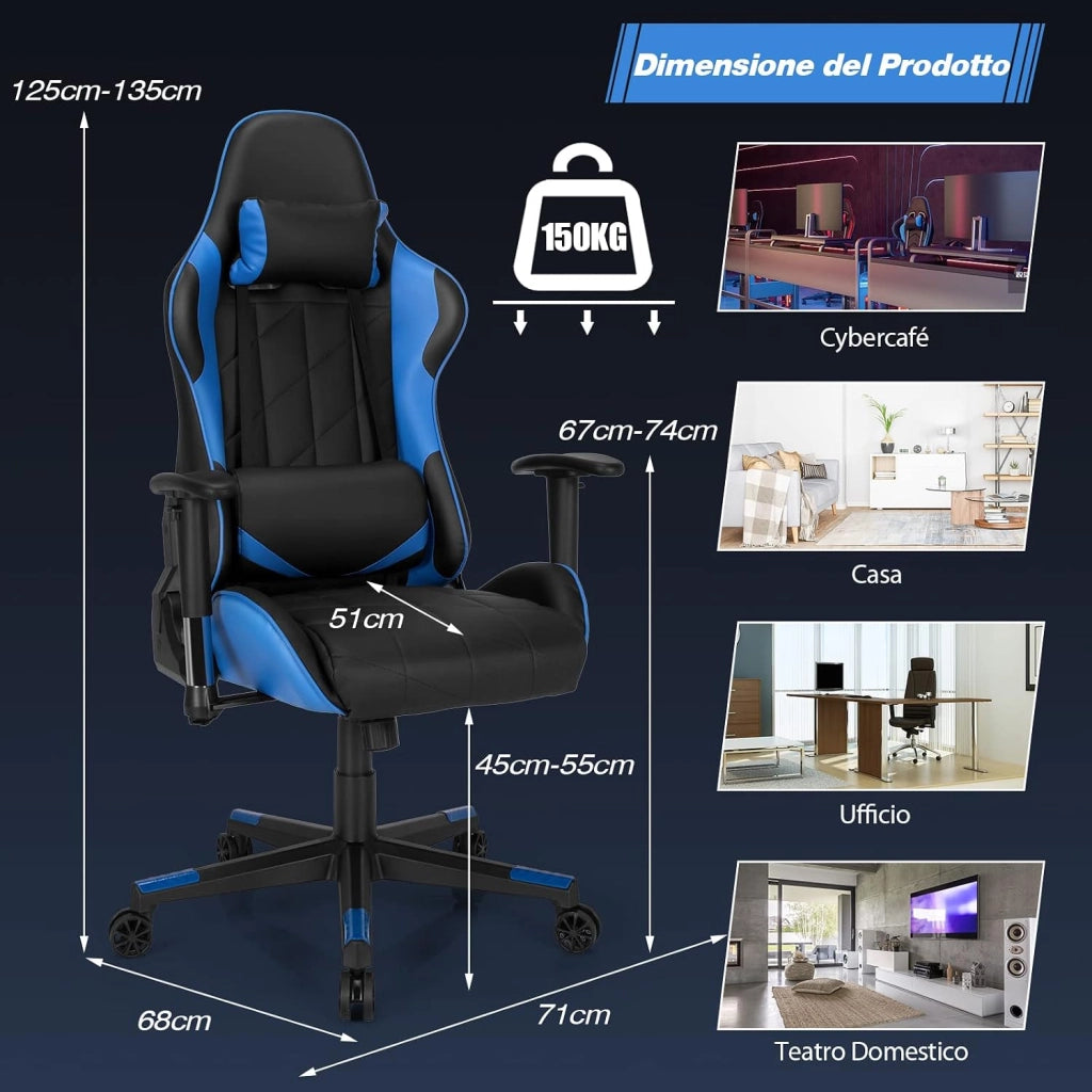 Sedia da Gaming Girevole a 360°, Sedia Ergonomica per Computer per Gaming con Poggiatesta e Cuscino Lombare, Angolo Reclinabile Regolabile (Blu)