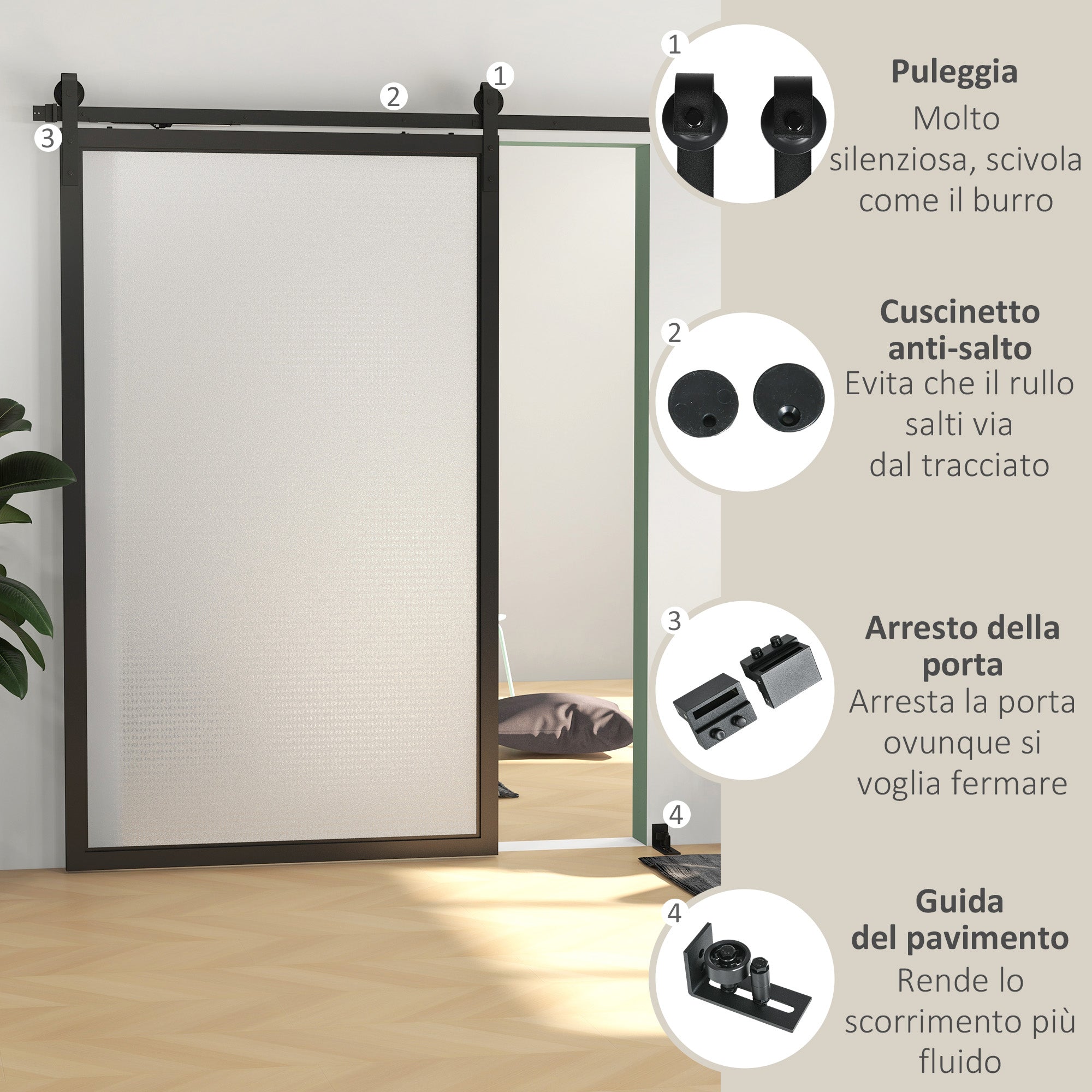 Kit Porta Scorrevole 90kg max Salvaspazio 244x0,5x4 cm in Acciaio al Carbonio con Accessori Nero