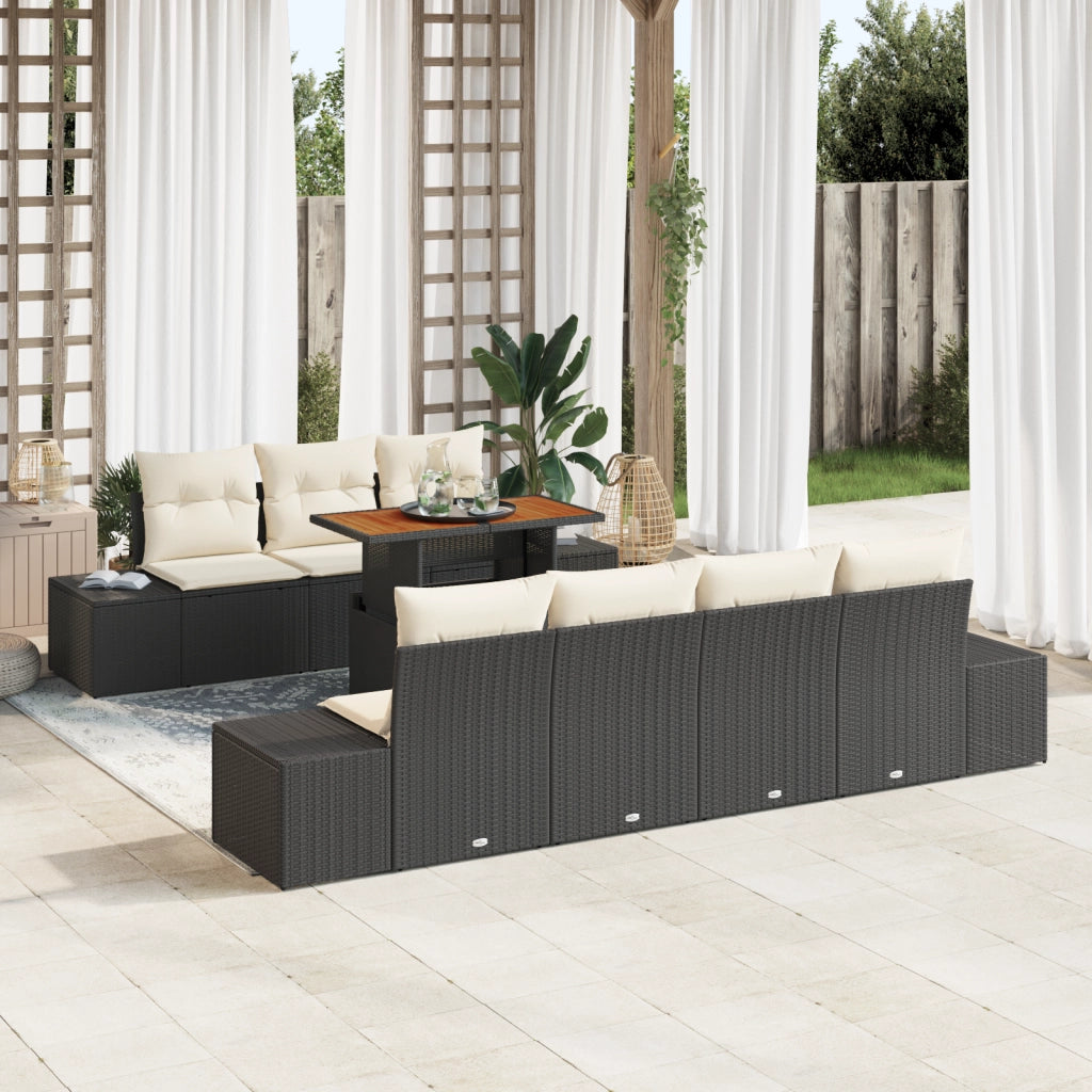 Set pranzo giardino 8 pezzi con cuscini neri in polyrattan e acacia
