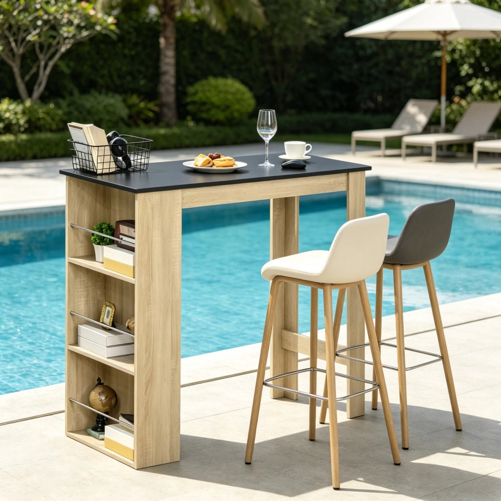 Tavolo da pranzo con 3 ripiani laterali; barra portaoggetti - per cucina e ufficio - in truciolare - 112x57x106 cm - nero e rovere