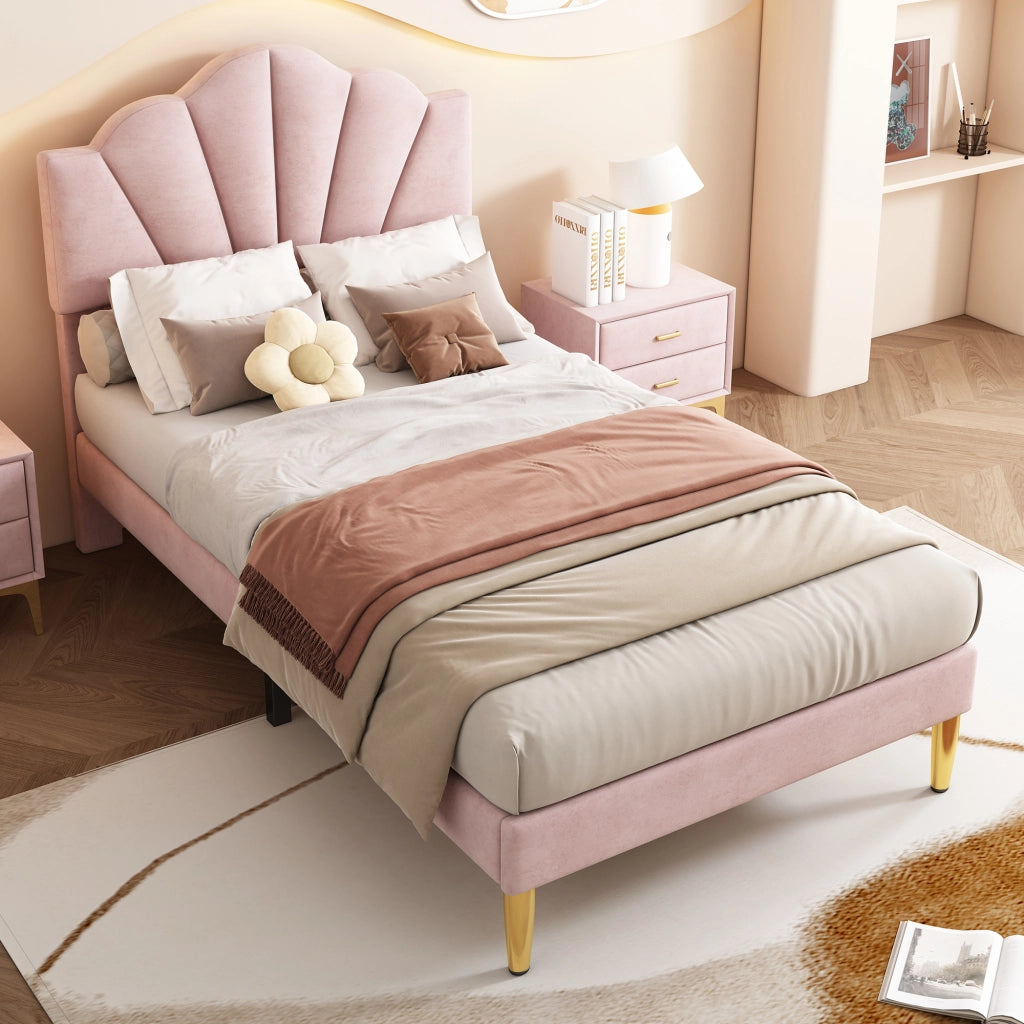 Letto imbottito in velluto rosa 90x200 cm con testiera regolabile, rete a doghe in legno e gambe in ferro dorato
