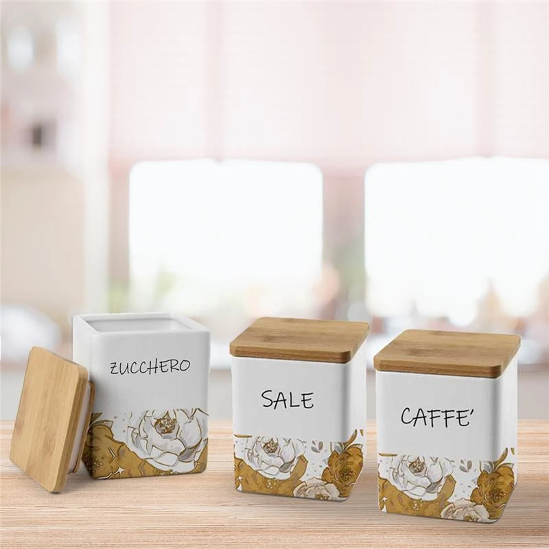TRIS ROSE QUADRATO SALE, ZUCCHERO E CAFFÈ IN CERAMICA CON TAPPO IN LEGNO 9X11 CM