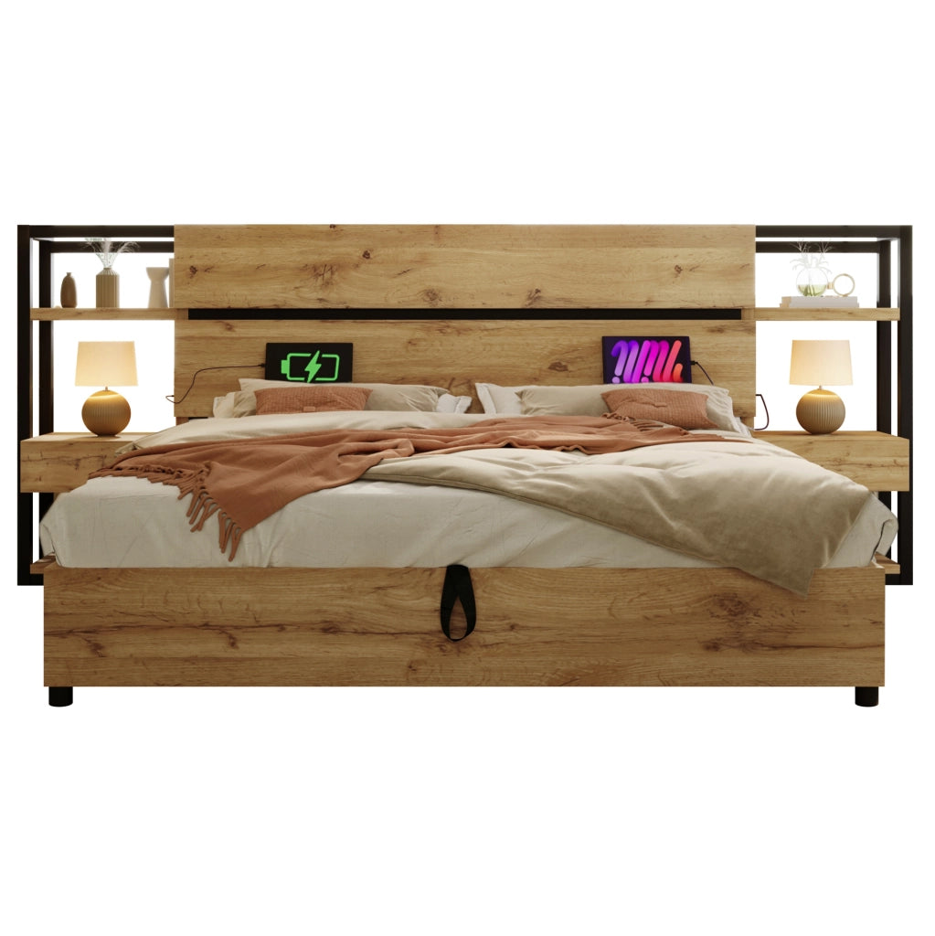 Letto matrimoniale 180x200 cm con contenitore e USB Type-C; struttura in MDF e metallo; rovere