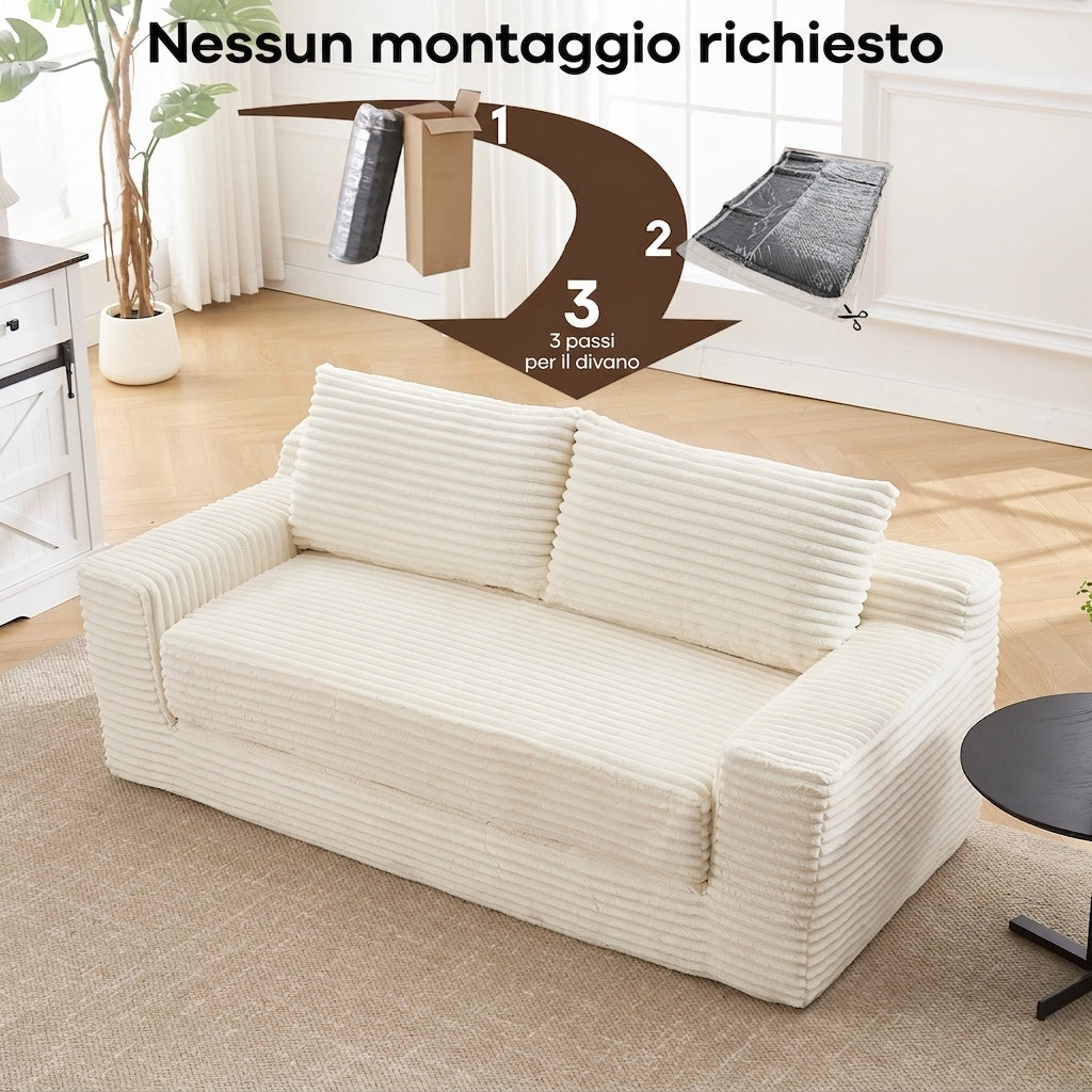 Divano 2 posti bianco trasformabile 2 in 1 in tessuto a coste con memory foam