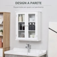 kleankin Armadietto Pensile Bagno a 2 Ante in Legno e Vetro con Ripiano Regolabile, 55x20x65 cm, Bianco