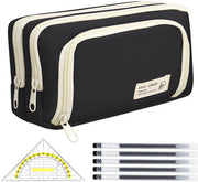 Setto di 7 pezzi grande, etui estetico con 1 righello triangolare e 5 pennarelli, etui a 3 cassette, set per ragazzi, ragazze, studenti e adulti per scuola e ufficio (nero)