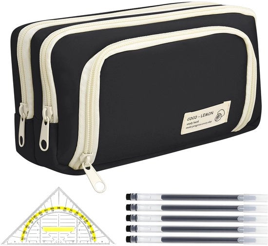 Setto di 7 pezzi grande, etui estetico con 1 righello triangolare e 5 pennarelli, etui a 3 cassette, set per ragazzi, ragazze, studenti e adulti per scuola e ufficio (nero)