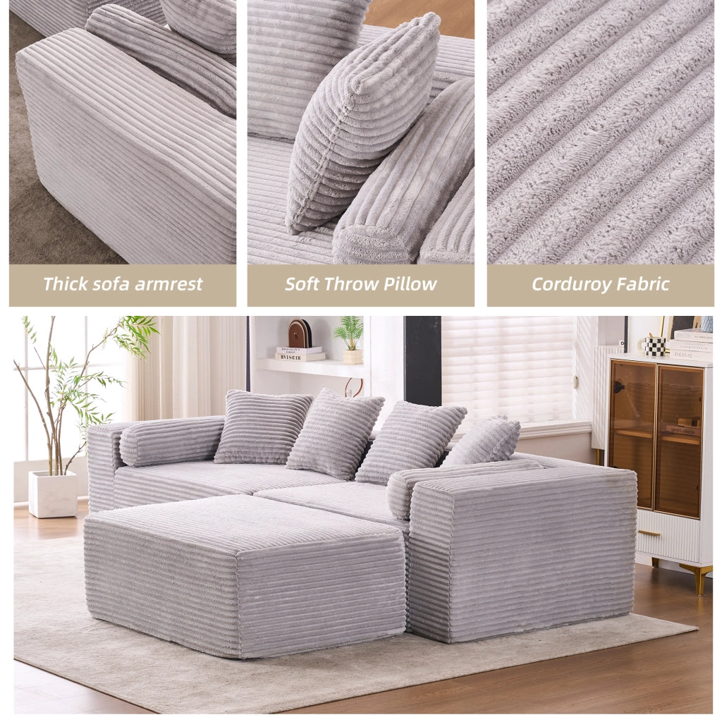 Divano angolare modulare senza attrezzi con chaise longue e seduta oversize per salotto in tessuto chenille grigio
