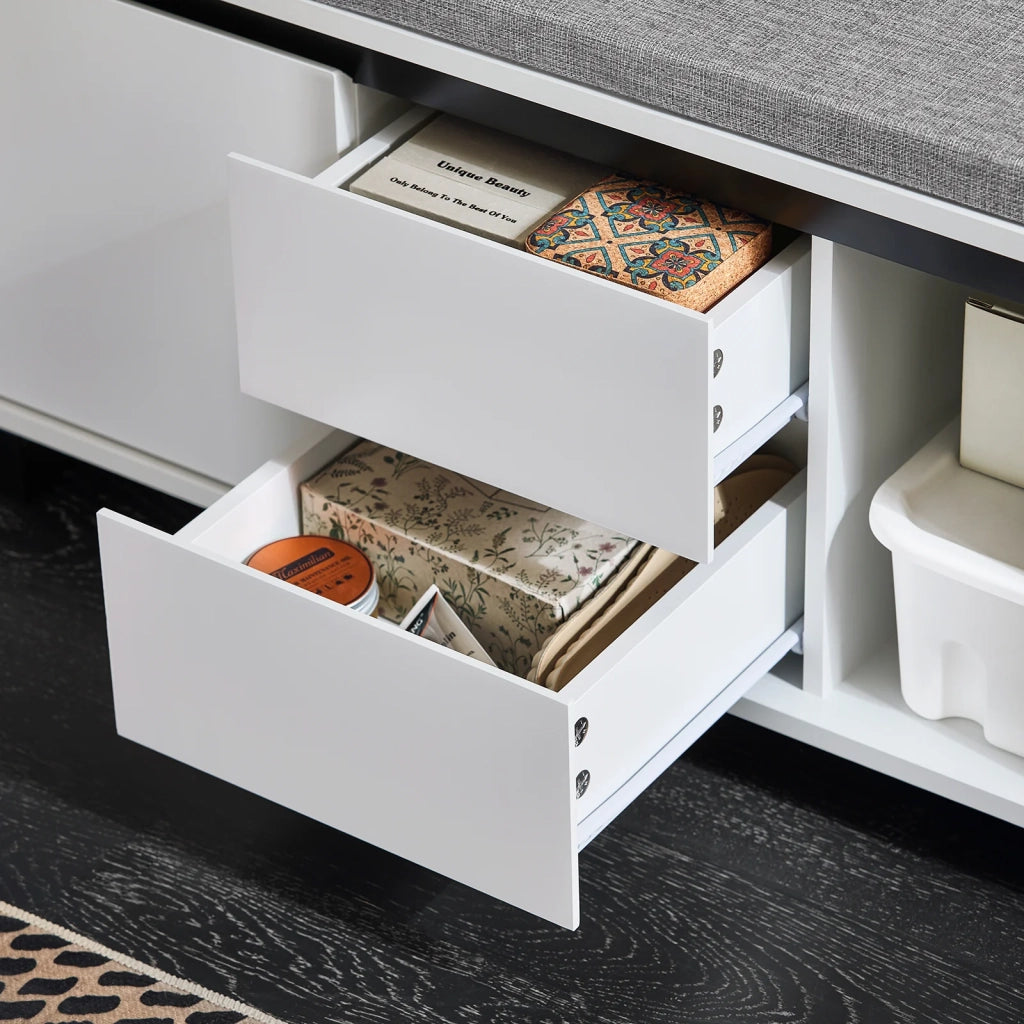 Scarpiera con 2 ante e 2 cassetti, Panca con vano portaoggetti, Panca ingresso, Scarpiera con sedile, Bianco 110x35x42cm FSR176-W