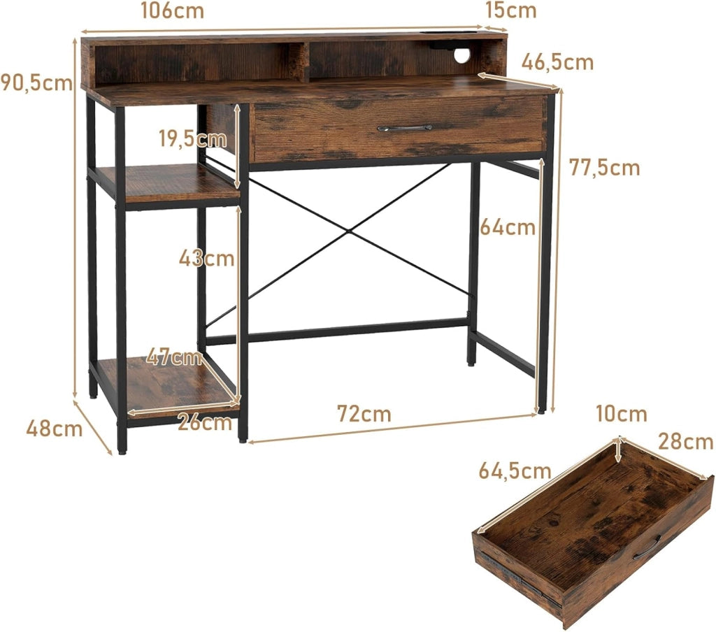 Scrivania per Computer con Cassetto e Scaffale a 2 Livelli, Scrivania per Home Office con Mensola per Monitor e Stazione di Ricarica Integrata (Marrone)