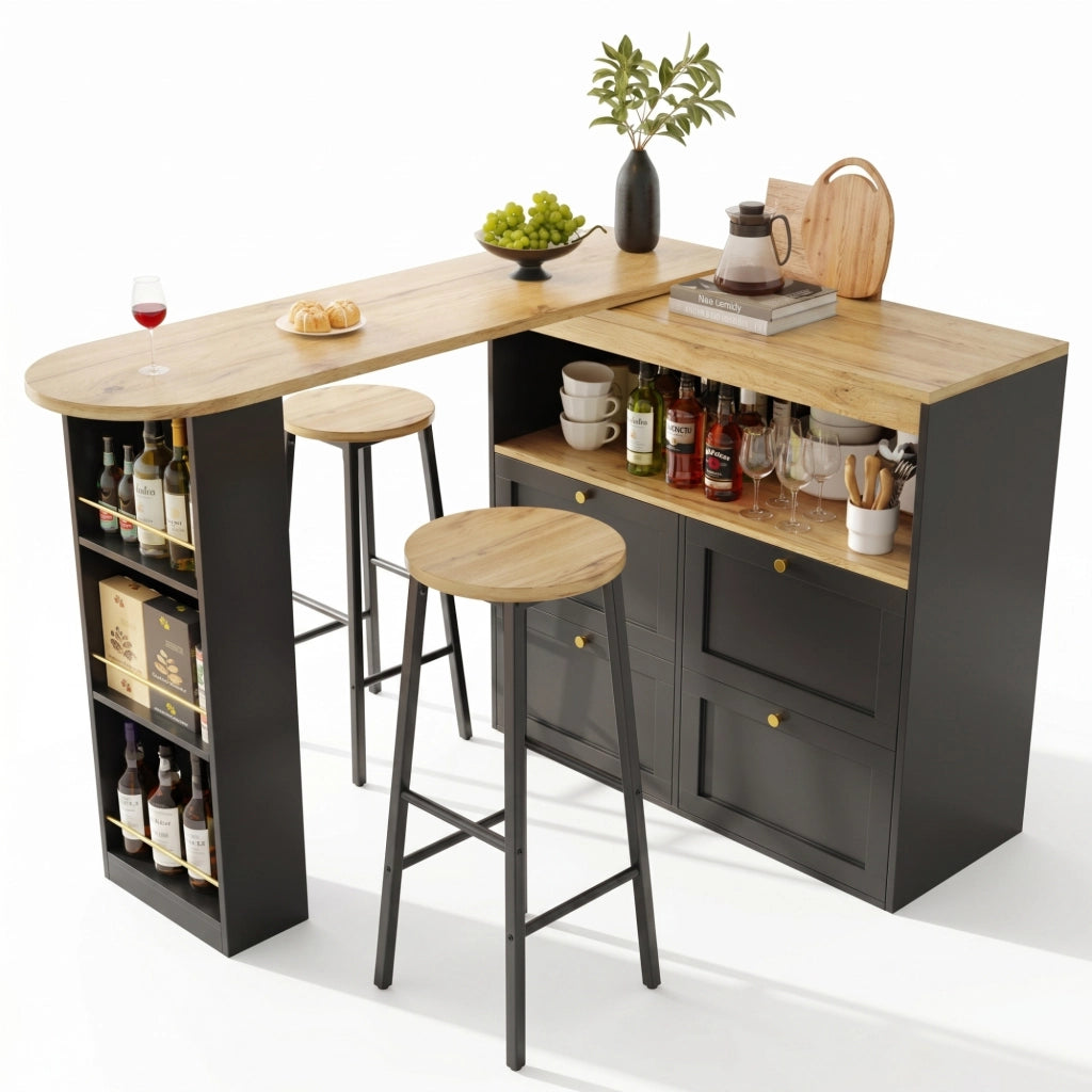 Set bar da cucina con vano portaoggetti in metallo nero