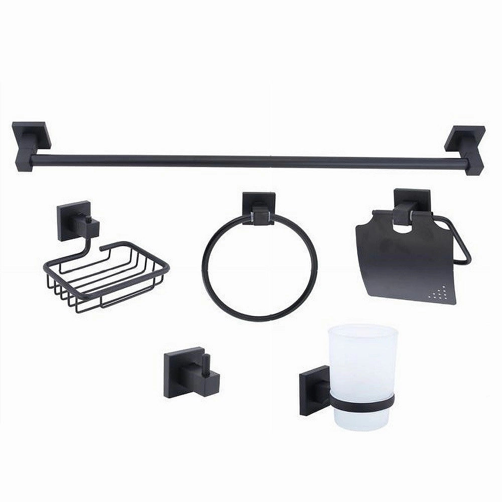 Trade Shop - Set Ultra Moderno Nero 6pz Bagno Porta Asciugamano Rotolo Bicchiere Spazzolini 87261 -