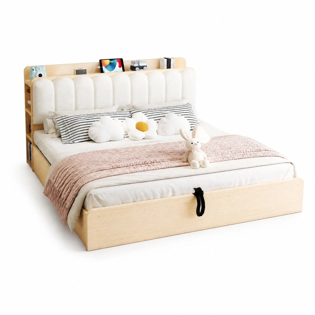 Letto matrimoniale con contenitore 180x200 cm in legno naturale; testiera imbottita beige con USB e luce notte