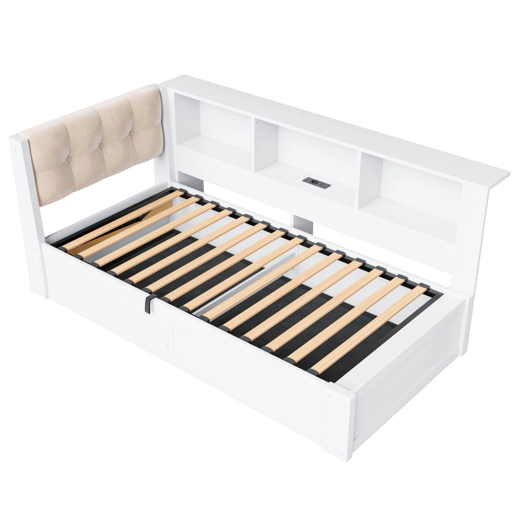 Daybed con contenitore idraulico, LED e USB, 90x200 cm, pino bianco