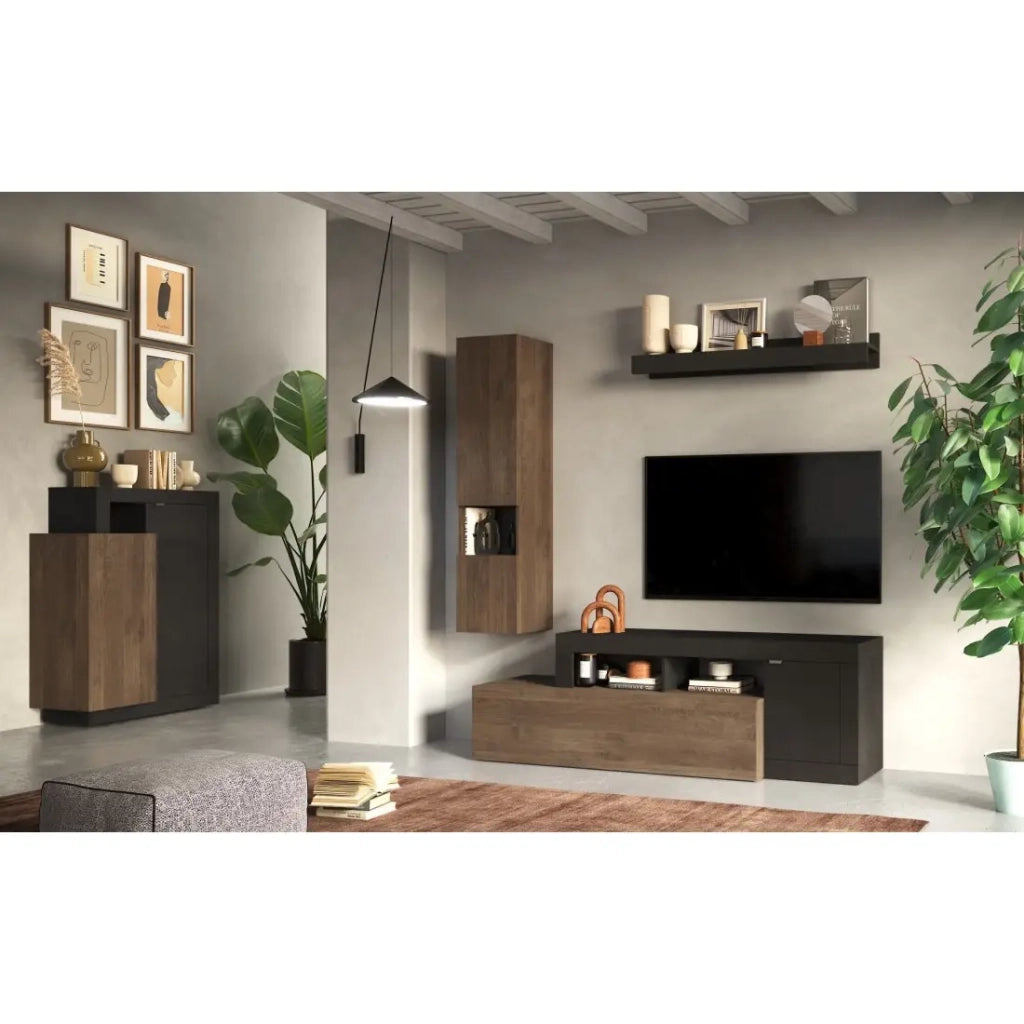 Mobile porta TV con 1 anta e 2 cassetti, collezione DOMI, grigio antracite/quercia scura, per un soggiorno di design.