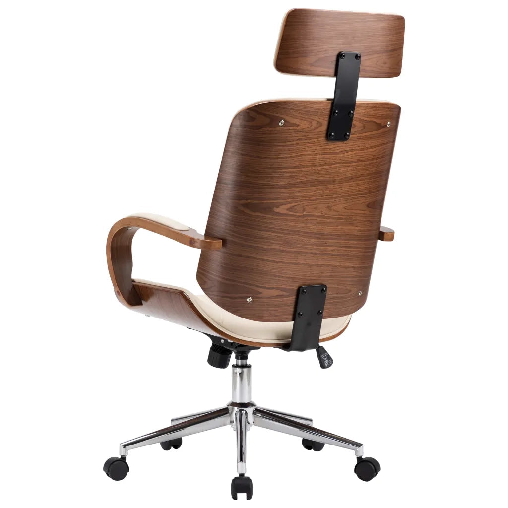 Sedia Girevole con Poggiatesta Crema Similpelle e Legno Curvato 283136