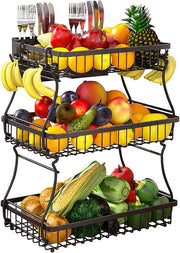 Fruitiera Metallica con Ganci per Banana - Ideale per Cucina e Salotto - 3 Strati Nero - Demontabile
