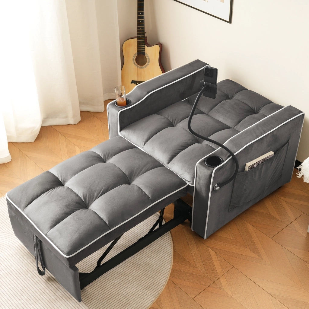 Divano letto singolo estraibile 3 in 1 con portabicchieri e supporto telefono, grigio scuro