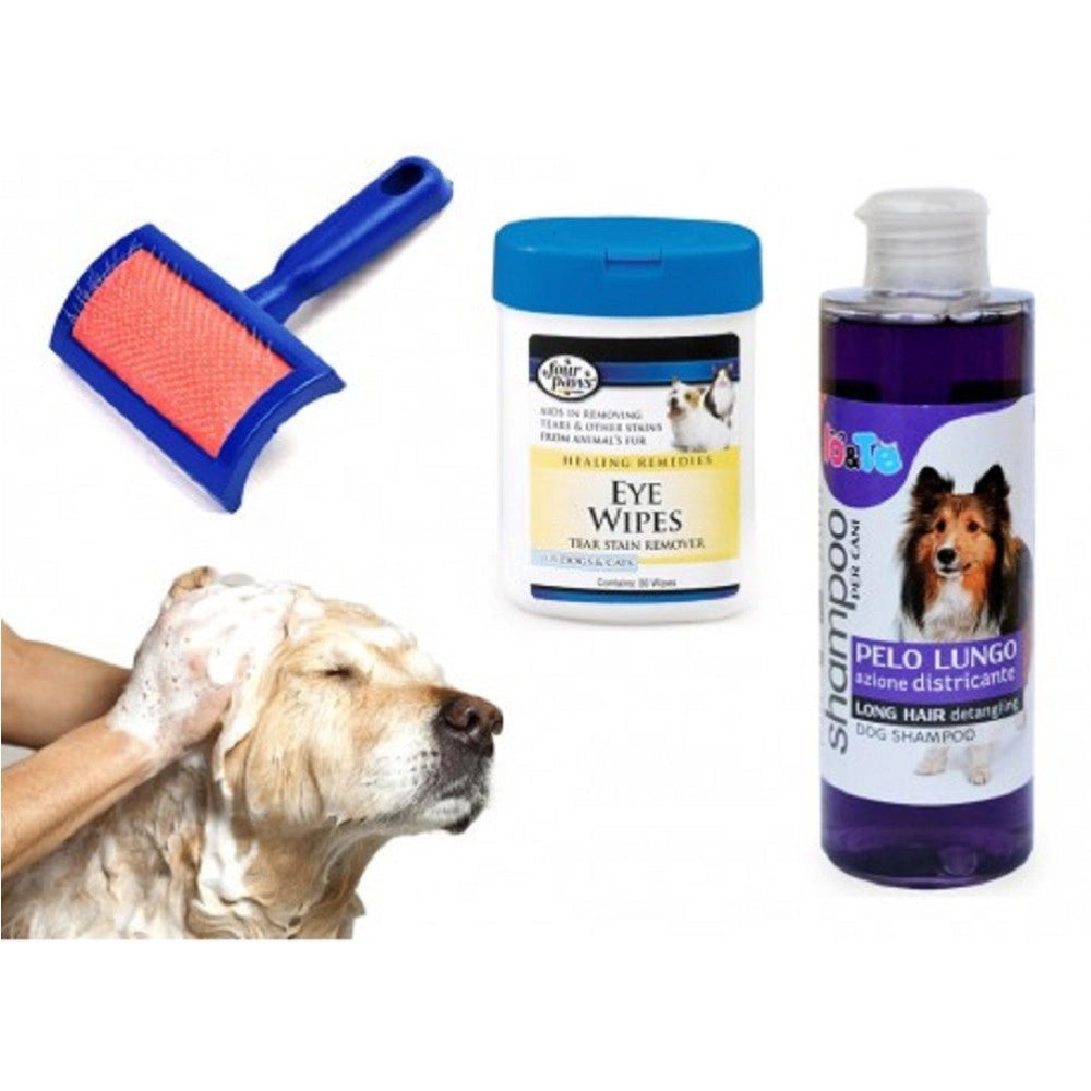 Trade Shop - Kit Pulizia Cani Shampoo Azione Districante Salviettine Spazzola Cardatore Pelo Lungo -