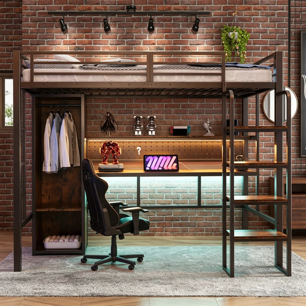 Letto a soppalco 90x200 cm con scrivania; armadio e LED in MDF e metallo nero