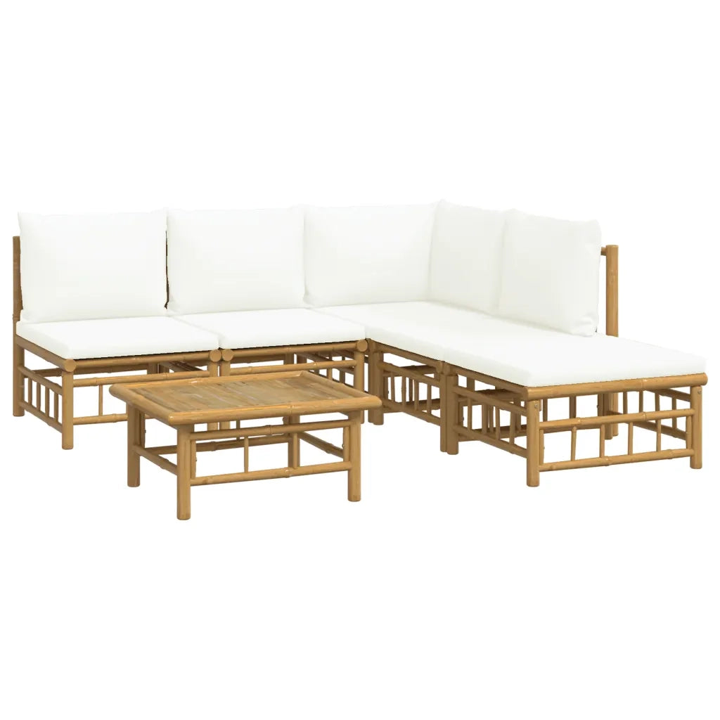 Set Salotto da Giardino 6pz con Cuscini Bianco Crema in Bambù 3155199